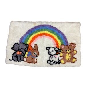 Vintage Latch Hook Rug Rainbow Animals Nursery Kids Room Decor 32x20 - BM